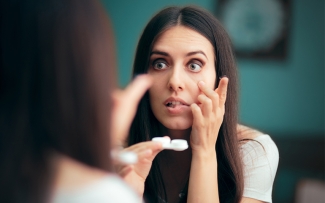 woman looking in mirror with lens stuck in eye
